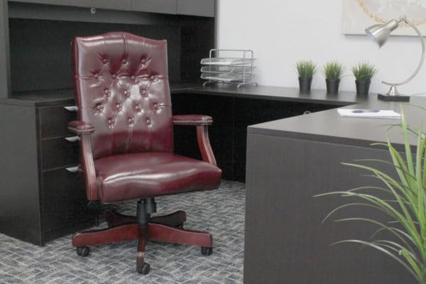 Boss Office Products Classic Executive Caressoft Chair with Mahogany Finish in Burgundy, high-Back (B905-BY)