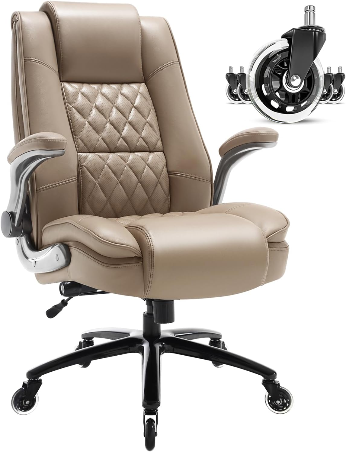 High Back Office Chair- Flip Arms Adjustable Built-in Lumbar Support, Executive Computer Desk Chair Work Chairs, Thick Padded Strong Metal Base Quiet Wheels, Ergonomic Design for Back Pain