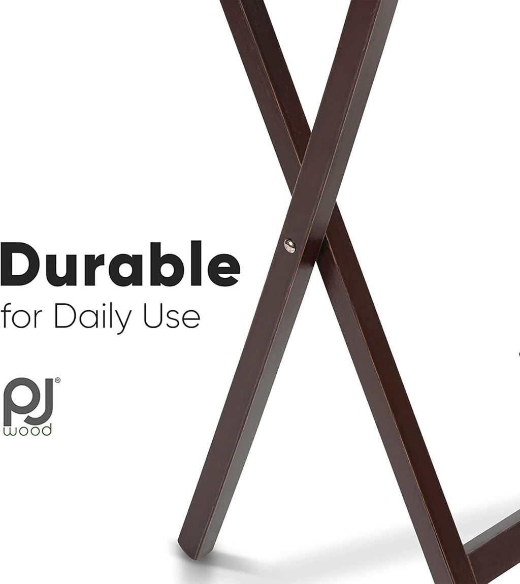 PJ Wood 5-Piece TV Tray Folding Wooden Dinner Table Set with Compact Storage Rack, Espresso - Portable and Adjustable Home Furniture for Living Room, Bedroom, and Kitchen