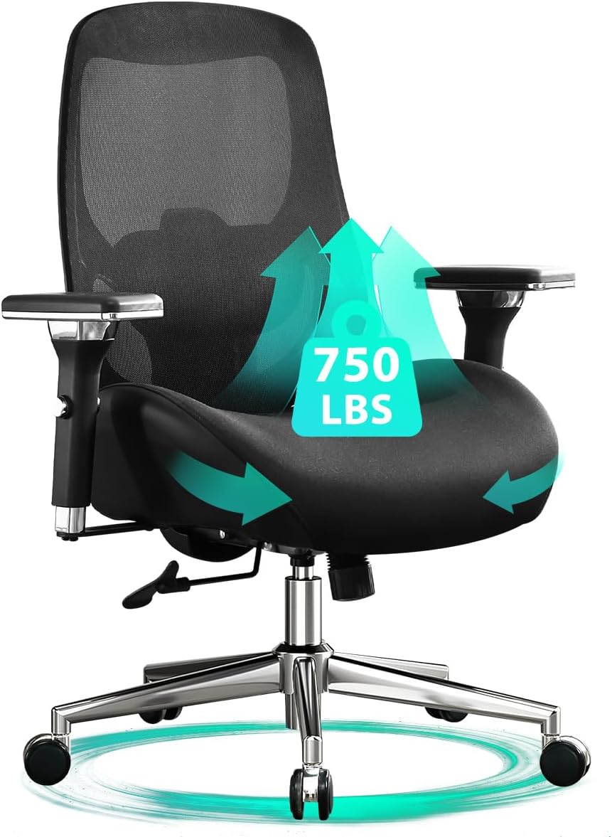 750lbs Big and Tall Office Chair with Wide Thick Seat Cushion for Heavy People Ergonomic Computer Mesh Desk Chairs with 4D Armrests, Adjustable Lumbar Support for Adults 8 Hours daliy Work
