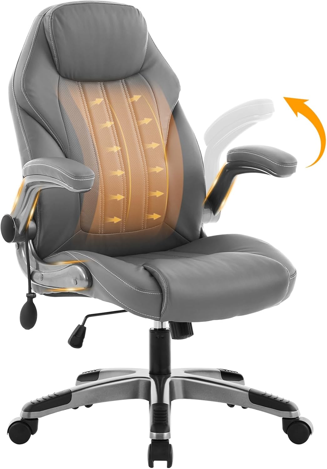 Office Desk Chair, Ergonomic Computer Chair with Padded Flip-Up Arms and Adjustable Lumbar Support, PU Leather Executive Chair with Tilt Lock and 360° Swivel Rolling Wheels for Work, Study