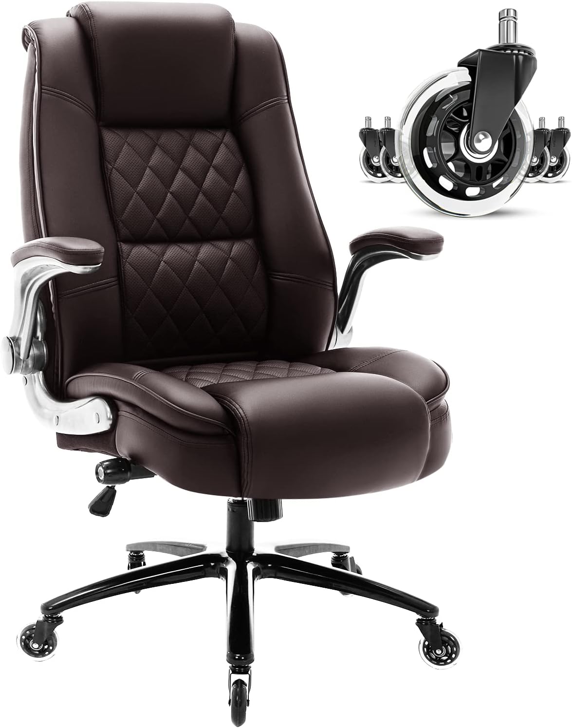 High Back Office Chair- Flip Arms Adjustable Built-in Lumbar Support, Executive Computer Desk Chair Work Chairs, Thick Padded Strong Metal Base Quiet Wheels, Ergonomic Design for Back Pain