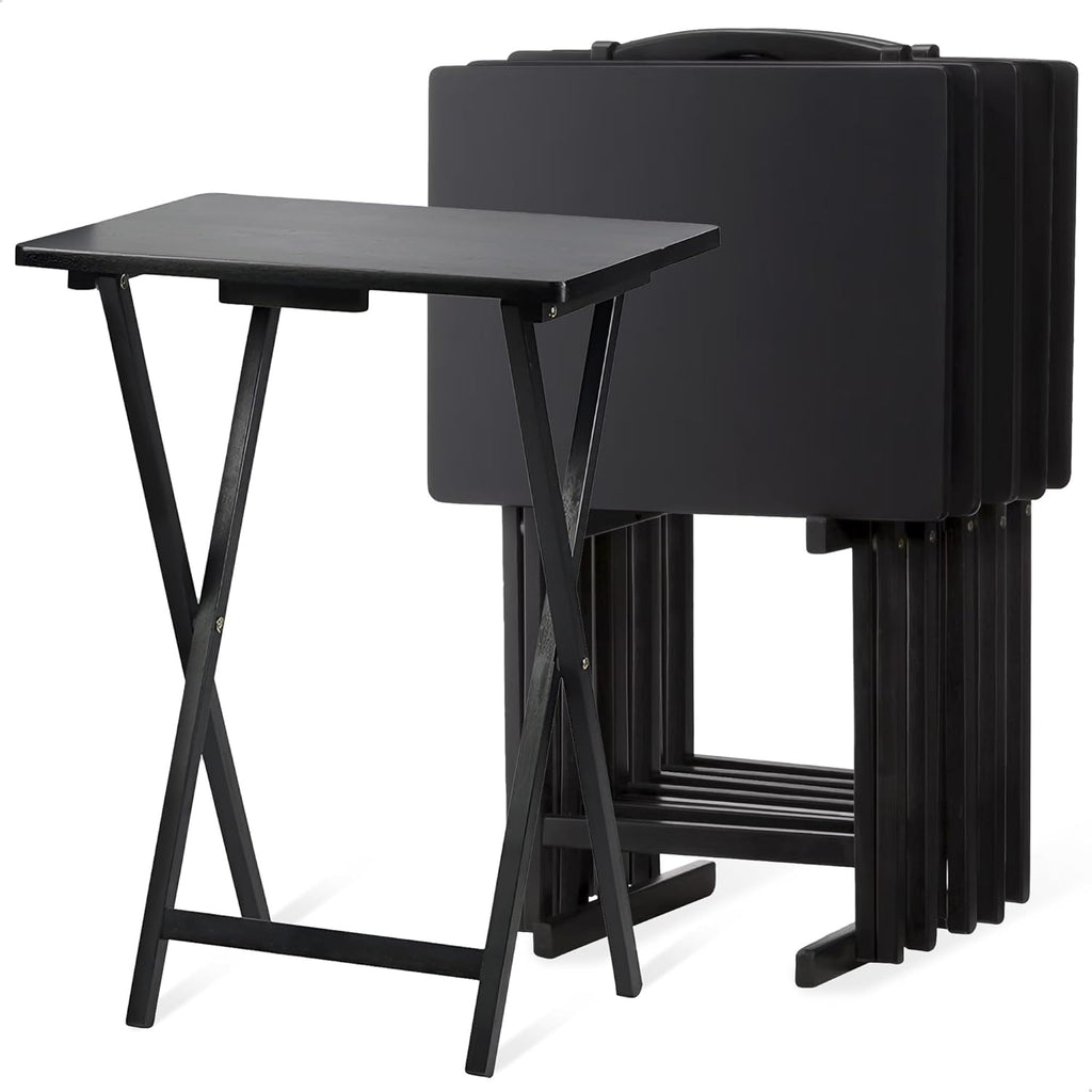 PJ Wood 5-Piece TV Tray Folding Wooden Dinner Table Set with Compact Storage Rack, Espresso - Portable and Adjustable Home Furniture for Living Room, Bedroom, and Kitchen