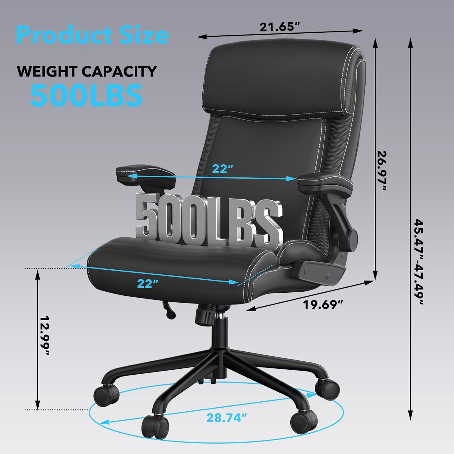Big and Tall Office Chair -500 lb Heavy Duty Office Chair for Big Man, High Back Leather Executive Office Desk Chair with 120° Tilt Rock,Executive Computer Desk Chair with Flip Up Arm (Black)