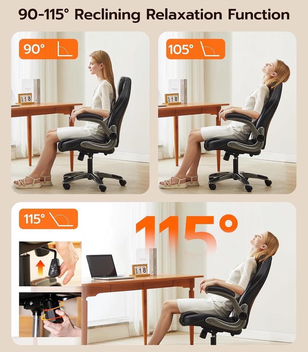 Office Desk Chair, Ergonomic Computer Chair with Padded Flip-Up Arms and Adjustable Lumbar Support, PU Leather Executive Chair with Tilt Lock and 360° Swivel Rolling Wheels for Work, Study