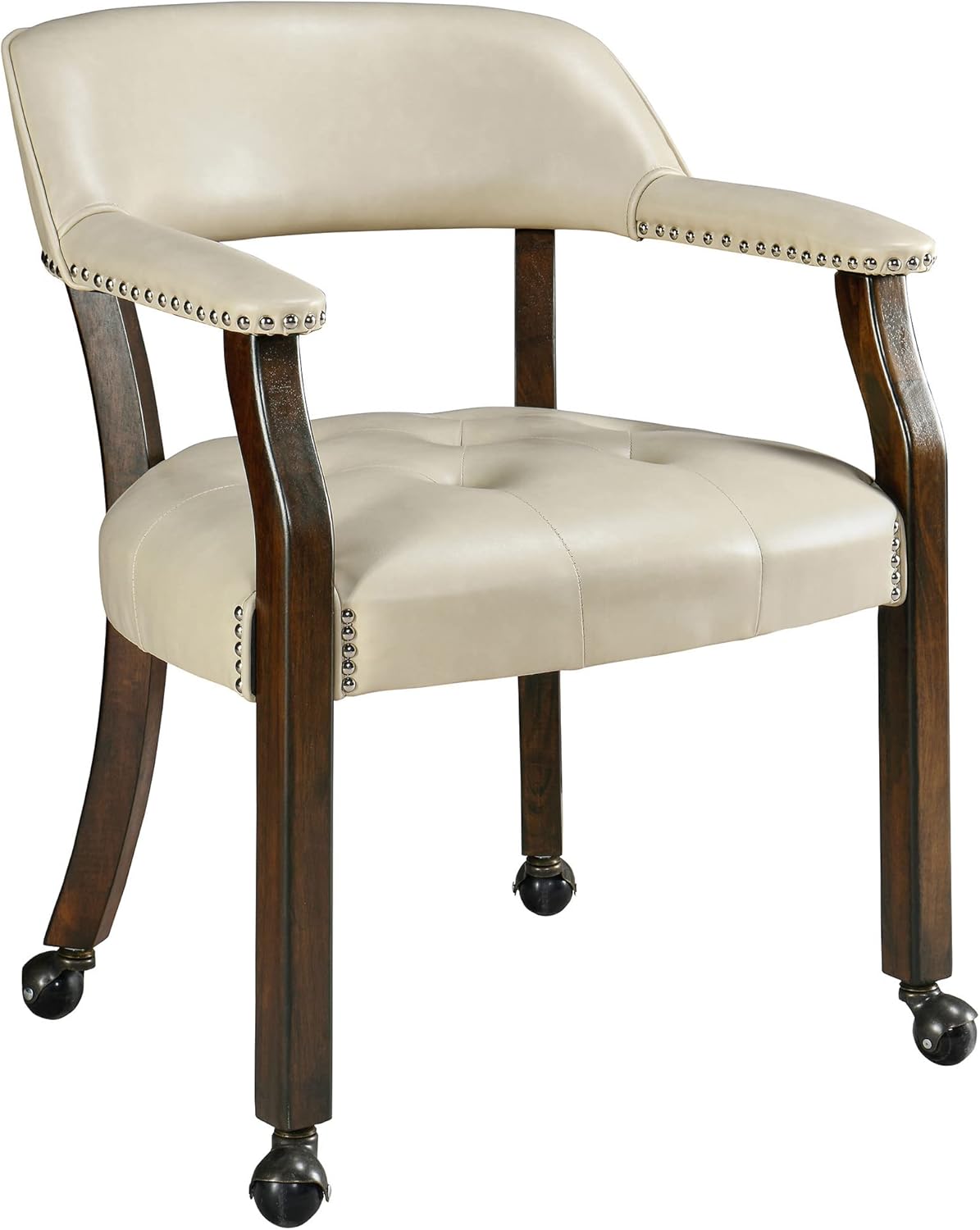 LEEMTORIG Large Dining Chairs with Casters and Arms, Rolling Dining Chairs with Wheels, Solid Wood Boss Caption's Chairs Office Desk Chairs, 26"D x 25.2"W x 31.5"H, Cherry Legs & Blue PU SY-1533-LB