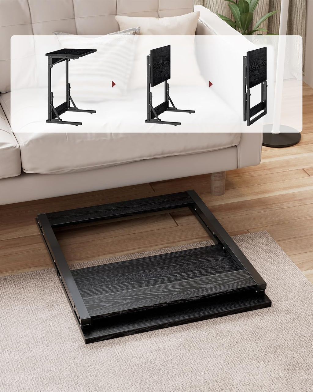 Tatub Folding TV Tray Table Set of 2, 24" Wide C-Shaped End Table for Couches, Small Couch Side C Table, Slide Under Sofa Tray Arm Table for Living Room, Bedroom, Dark Black