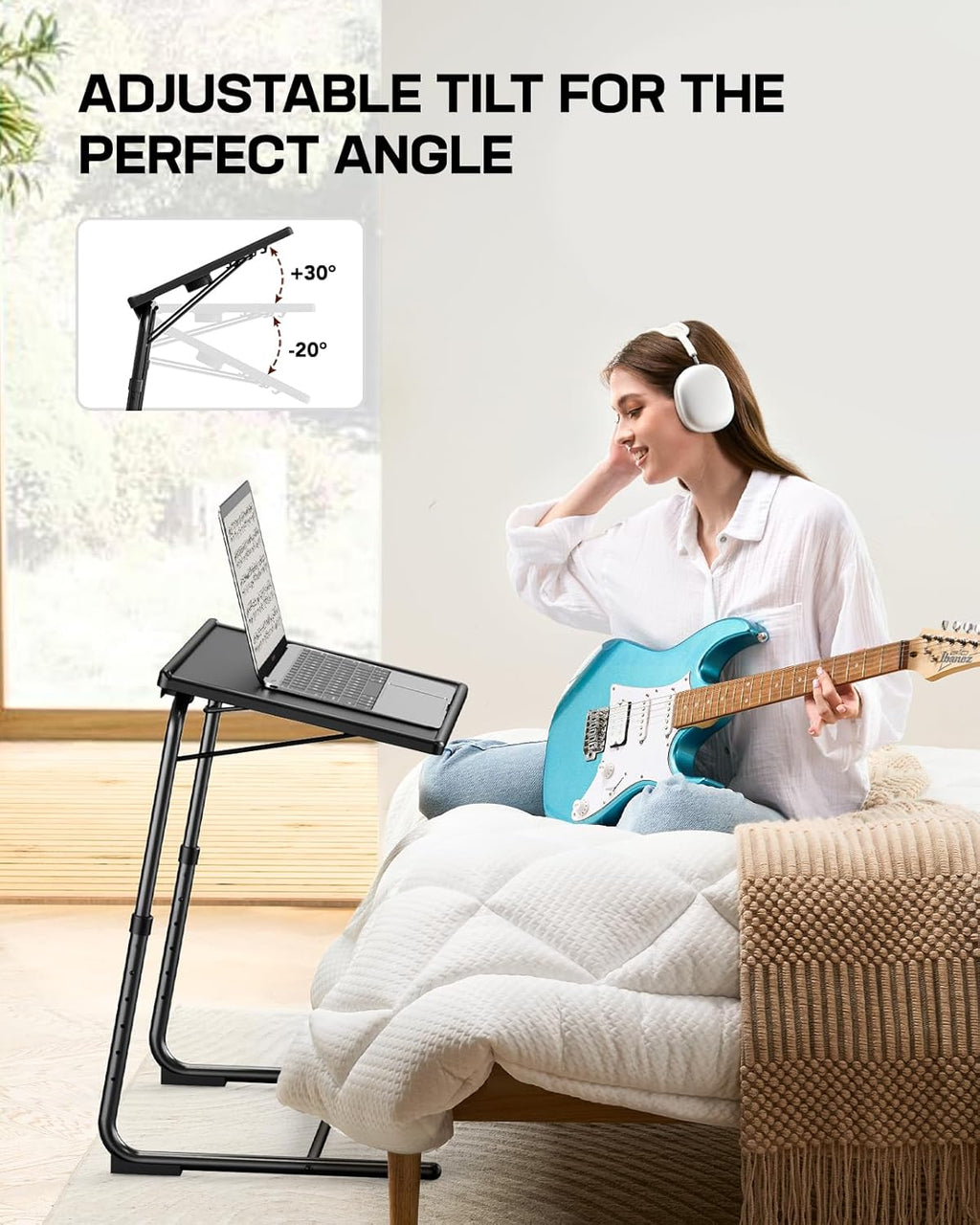 LORYERGO Multifunctional TV Tray Table - [2 Packs] Adjustable TV Dinner Tray Tables with 6 Height & 3 Tilt Angle, Folding TV Trays with Cup Holder for Bed & Sofa, for Eating & Reading