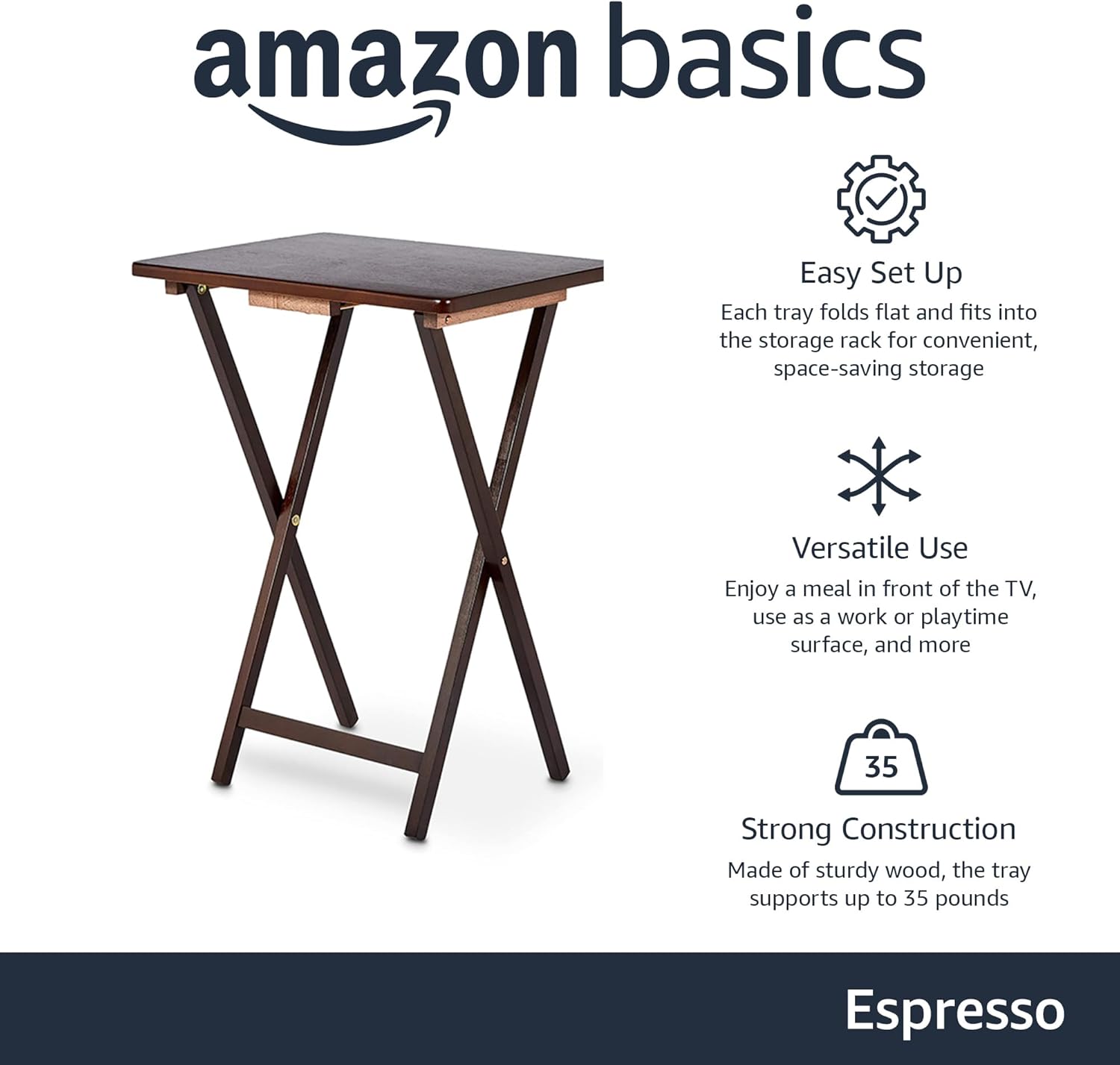 Amazon Basics Classic Foldable TV Dinner Tray Table with Storage Rack, 14.6 L x 19 W x 26 H inch, Espresso, 4-Pack