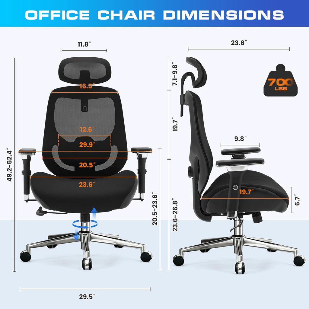 700lbs Big and Tall Office Chair for Heavy People Ergonomic Mesh Desk Chair with Wide Thick Seat Cushion, Adjustable Lumbar Support, 4D Armrests and Headrest for Aitting All Day