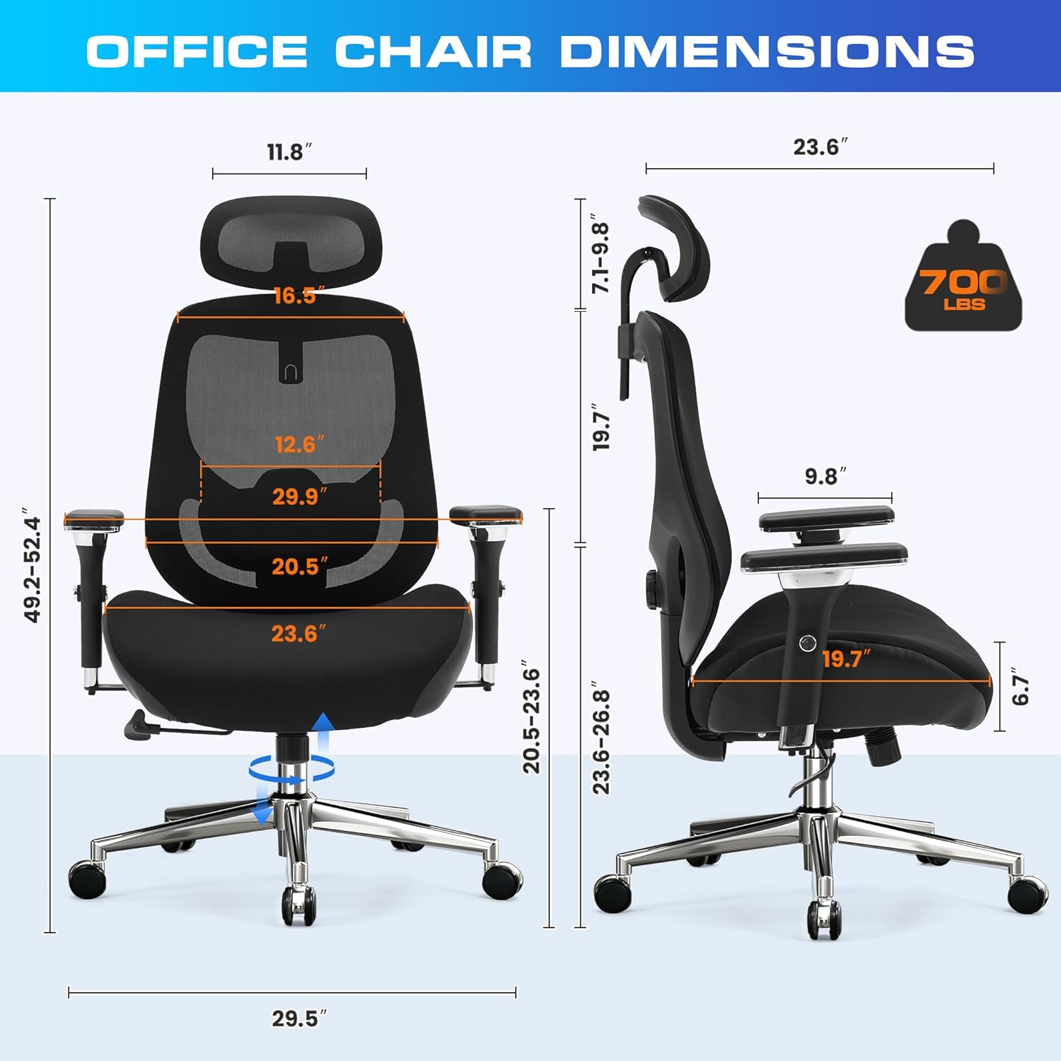 700lbs Big and Tall Office Chair for Heavy People Ergonomic Mesh Desk Chair with Wide Thick Seat Cushion, Adjustable Lumbar Support, 4D Armrests and Headrest for Aitting All Day