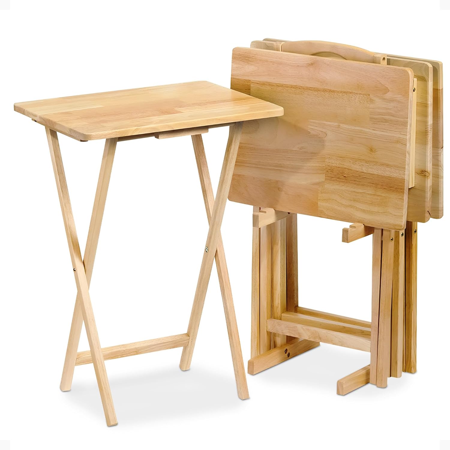 PJ Wood 5-Piece TV Tray Folding Wooden Dinner Table Set with Compact Storage Rack, Espresso - Portable and Adjustable Home Furniture for Living Room, Bedroom, and Kitchen