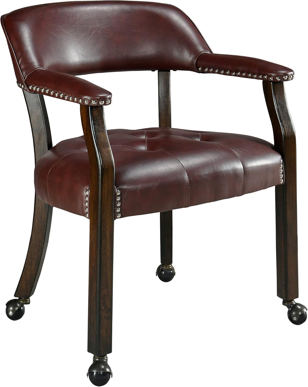 LEEMTORIG Large Dining Chairs with Casters and Arms, Rolling Dining Chairs with Wheels, Solid Wood Boss Caption's Chairs Office Desk Chairs, 26"D x 25.2"W x 31.5"H, Cherry Legs & Blue PU SY-1533-LB