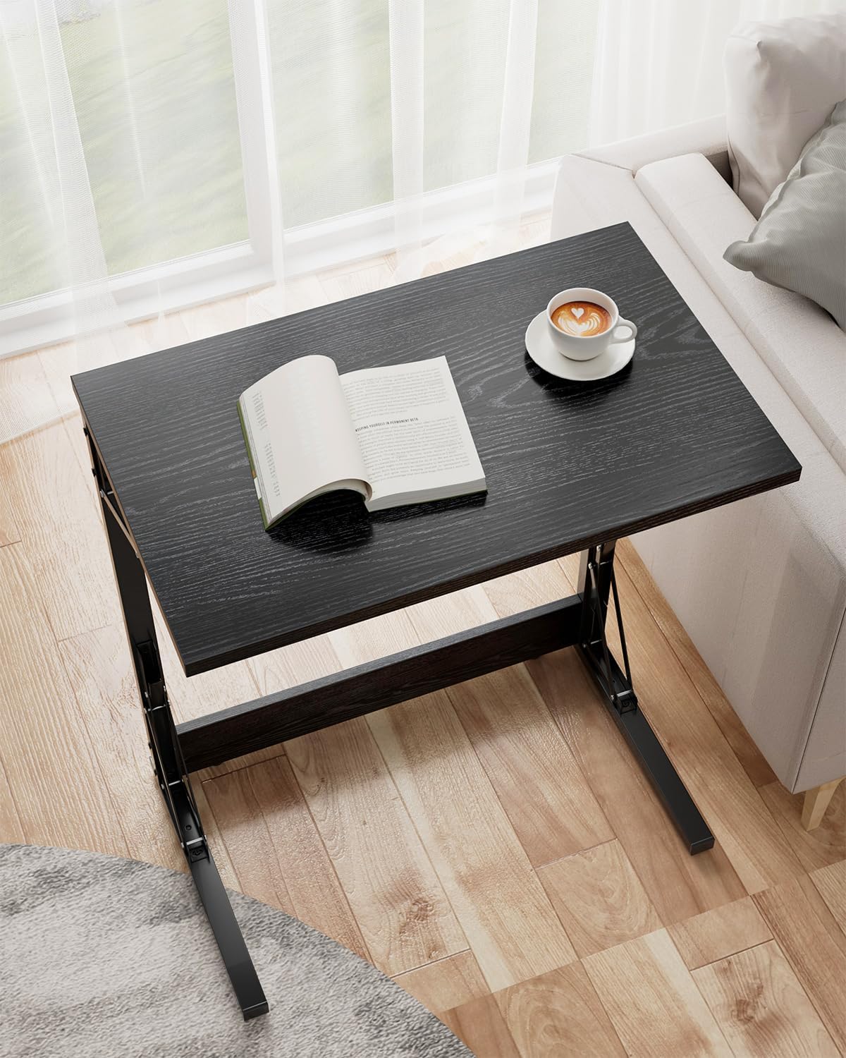 Tatub Folding TV Tray Table Set of 2, 24" Wide C-Shaped End Table for Couches, Small Couch Side C Table, Slide Under Sofa Tray Arm Table for Living Room, Bedroom, Dark Black