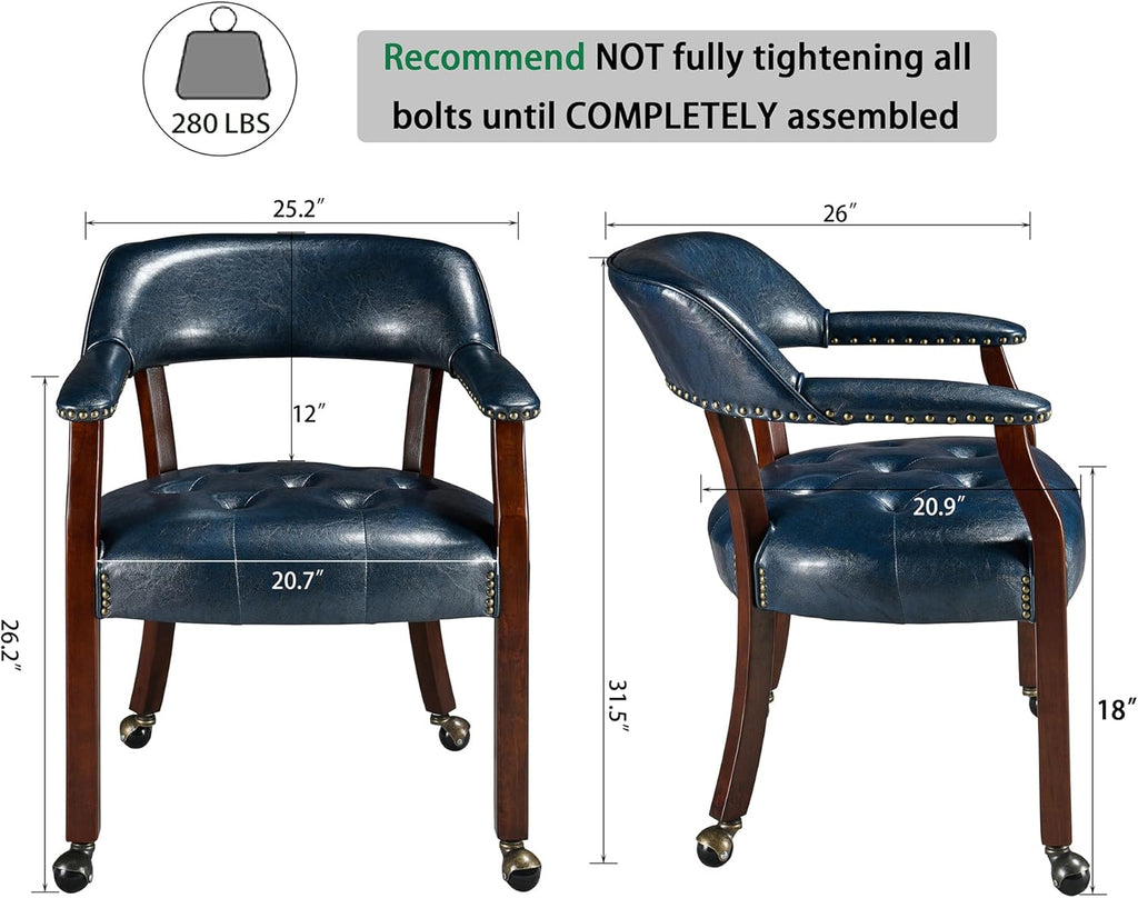 LEEMTORIG Large Dining Chairs with Casters and Arms, Rolling Dining Chairs with Wheels, Solid Wood Boss Caption's Chairs Office Desk Chairs, 26"D x 25.2"W x 31.5"H, Cherry Legs & Blue PU SY-1533-LB