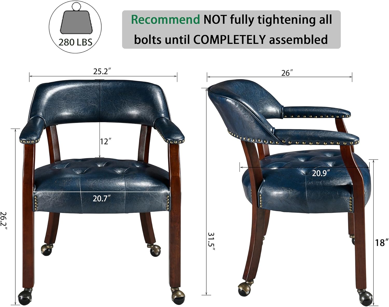 LEEMTORIG Large Dining Chairs with Casters and Arms, Rolling Dining Chairs with Wheels, Solid Wood Boss Caption's Chairs Office Desk Chairs, 26"D x 25.2"W x 31.5"H, Cherry Legs & Blue PU SY-1533-LB