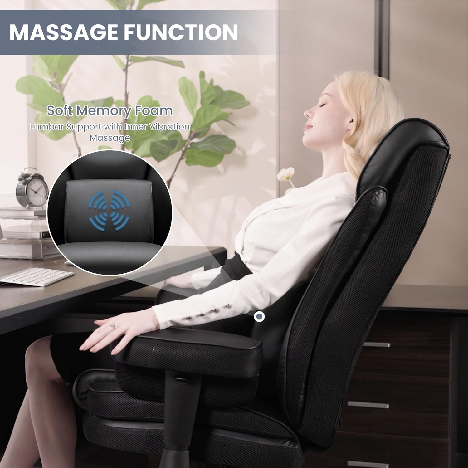 BOSMILLER Big and Tall Office Chair, 500lbs Rocking Massage High Back Desk Chair, Ergonomic Executive Office Chair with Adjustable Padded Armrest and Lumbar Support, Adjustable Height(Dark Black)