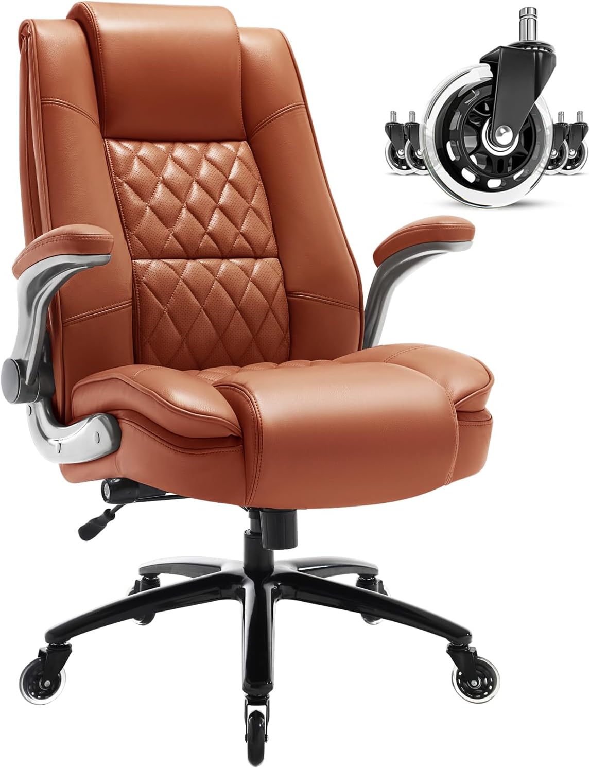High Back Office Chair- Flip Arms Adjustable Built-in Lumbar Support, Executive Computer Desk Chair Work Chairs, Thick Padded Strong Metal Base Quiet Wheels, Ergonomic Design for Back Pain