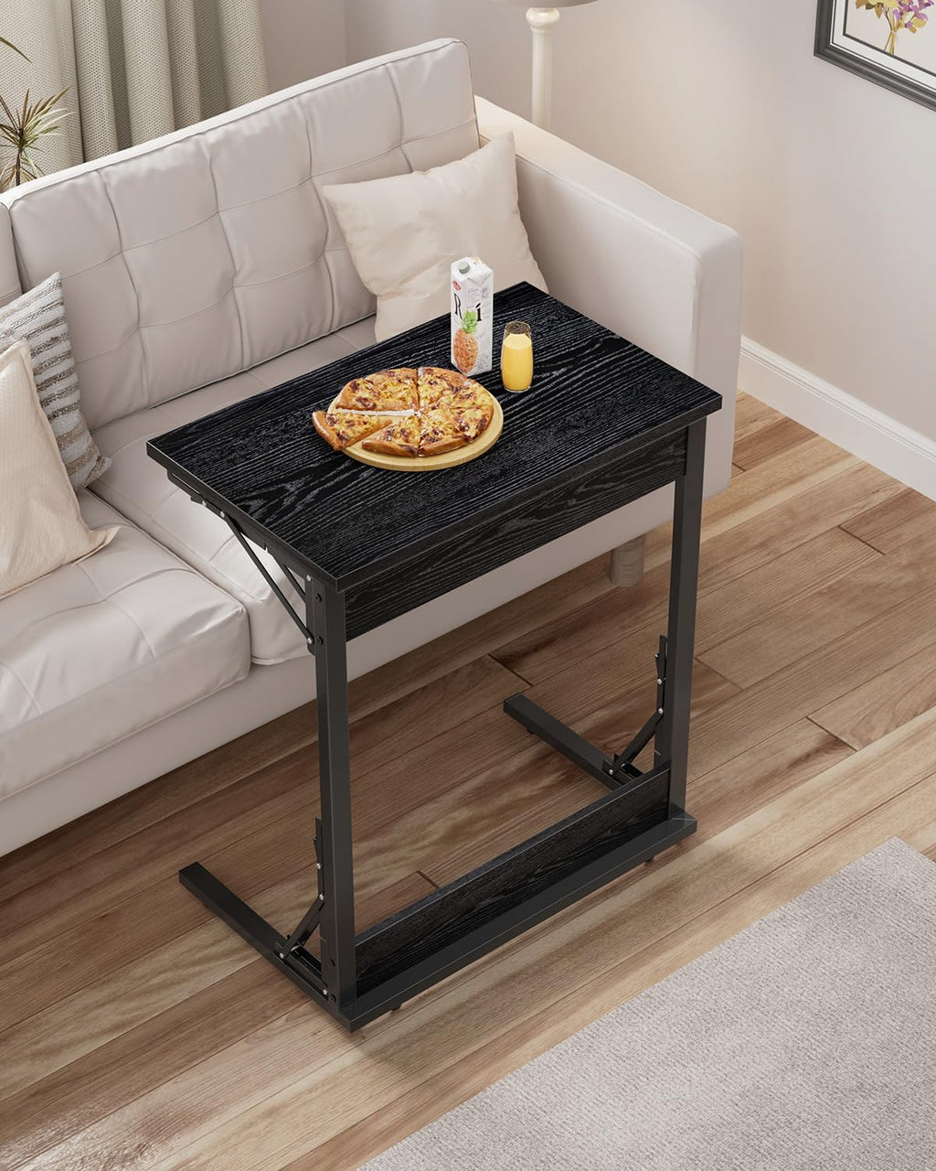 Tatub Folding TV Tray Table Set of 2, 24" Wide C-Shaped End Table for Couches, Small Couch Side C Table, Slide Under Sofa Tray Arm Table for Living Room, Bedroom, Dark Black