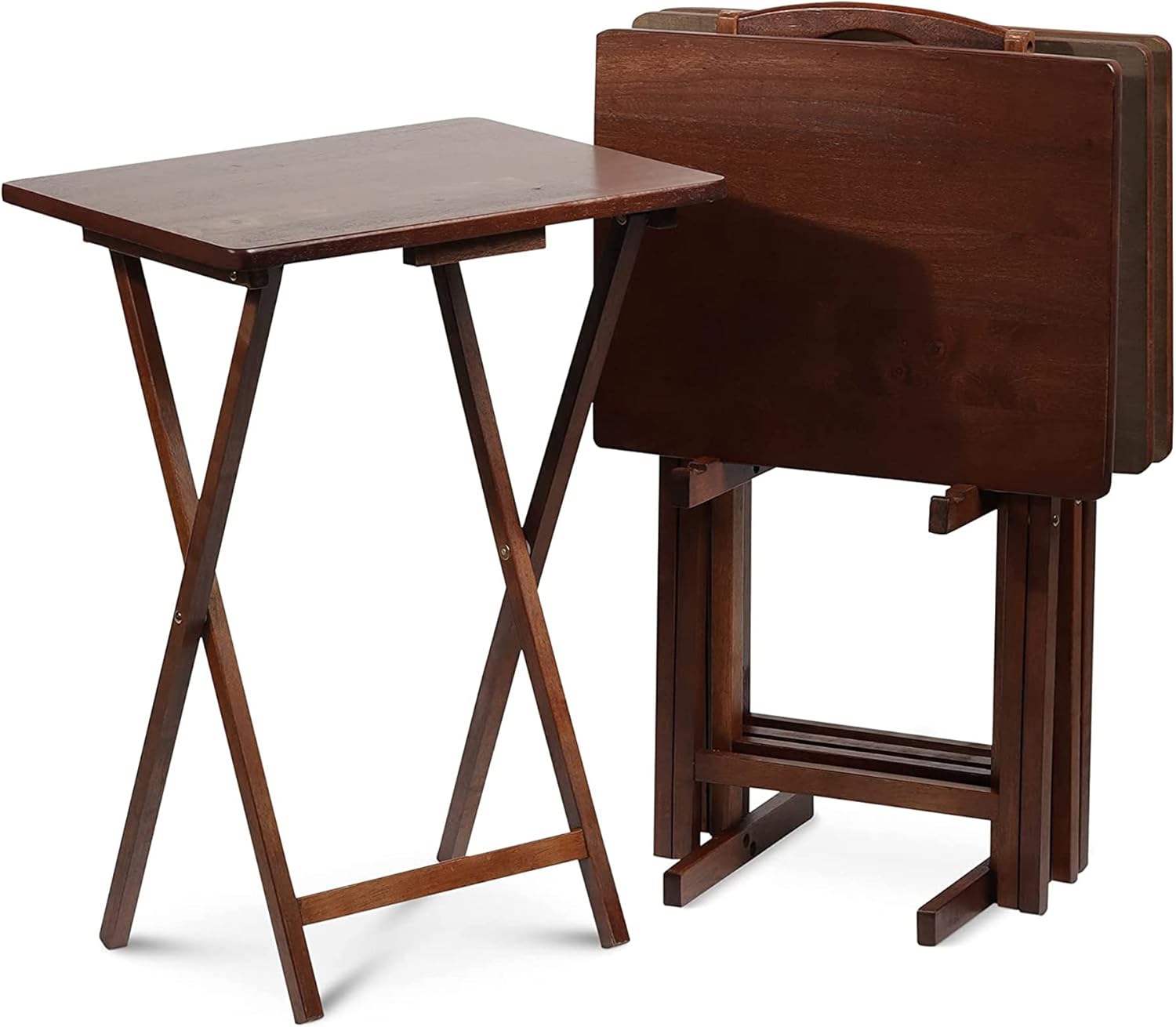 PJ Wood 5-Piece TV Tray Folding Wooden Dinner Table Set with Compact Storage Rack, Espresso - Portable and Adjustable Home Furniture for Living Room, Bedroom, and Kitchen