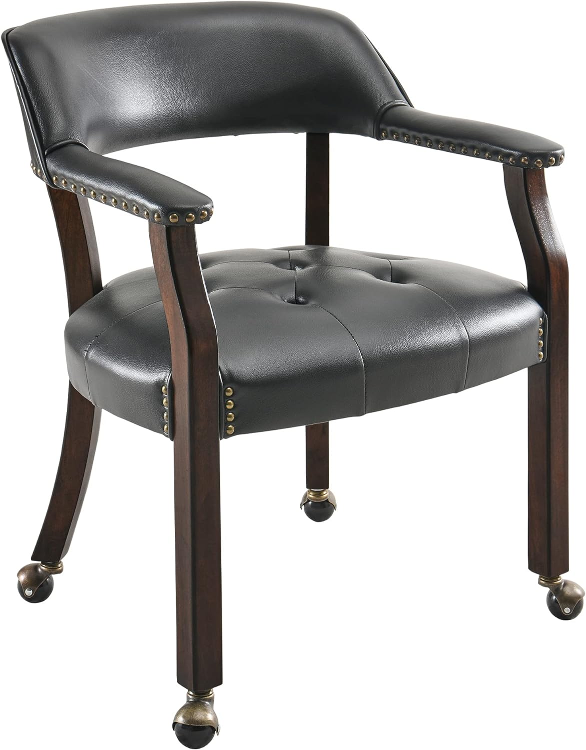 LEEMTORIG Large Dining Chairs with Casters and Arms, Rolling Dining Chairs with Wheels, Solid Wood Boss Caption's Chairs Office Desk Chairs, 26"D x 25.2"W x 31.5"H, Cherry Legs & Blue PU SY-1533-LB