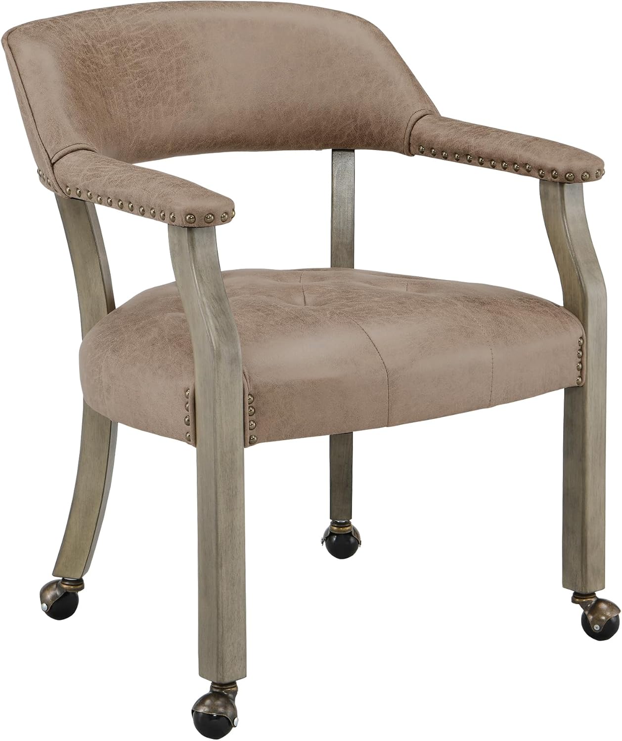 LEEMTORIG Large Dining Chairs with Casters and Arms, Rolling Dining Chairs with Wheels, Solid Wood Boss Caption's Chairs Office Desk Chairs, 26"D x 25.2"W x 31.5"H, Cherry Legs & Blue PU SY-1533-LB