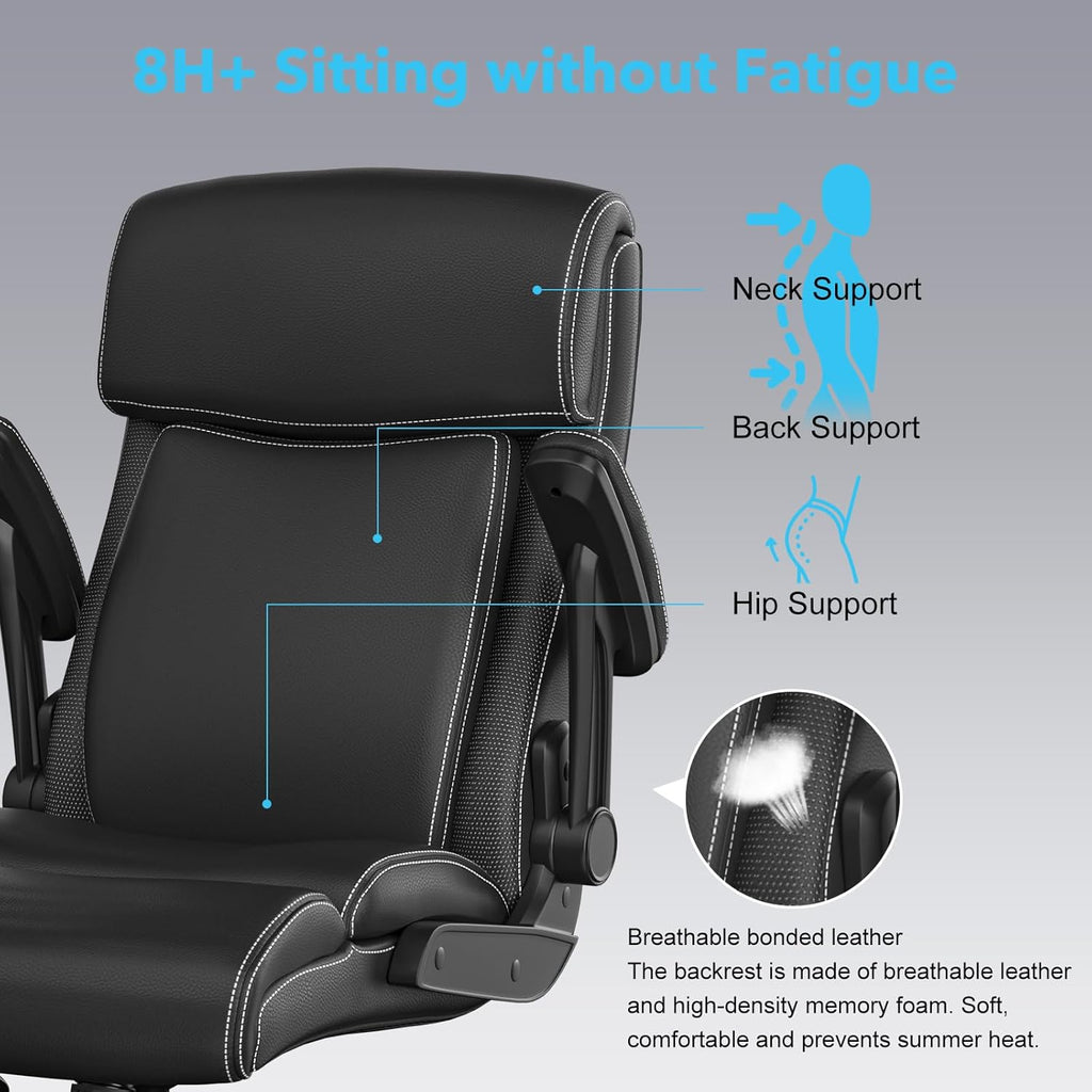 Big and Tall Office Chair -500 lb Heavy Duty Office Chair for Big Man, High Back Leather Executive Office Desk Chair with 120° Tilt Rock,Executive Computer Desk Chair with Flip Up Arm (Black)