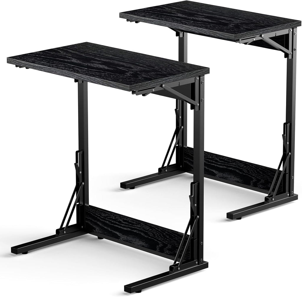 Tatub Folding TV Tray Table Set of 2, 24" Wide C-Shaped End Table for Couches, Small Couch Side C Table, Slide Under Sofa Tray Arm Table for Living Room, Bedroom, Dark Black