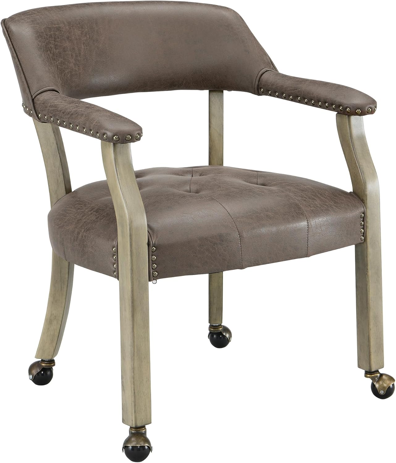 LEEMTORIG Large Dining Chairs with Casters and Arms, Rolling Dining Chairs with Wheels, Solid Wood Boss Caption's Chairs Office Desk Chairs, 26"D x 25.2"W x 31.5"H, Cherry Legs & Blue PU SY-1533-LB