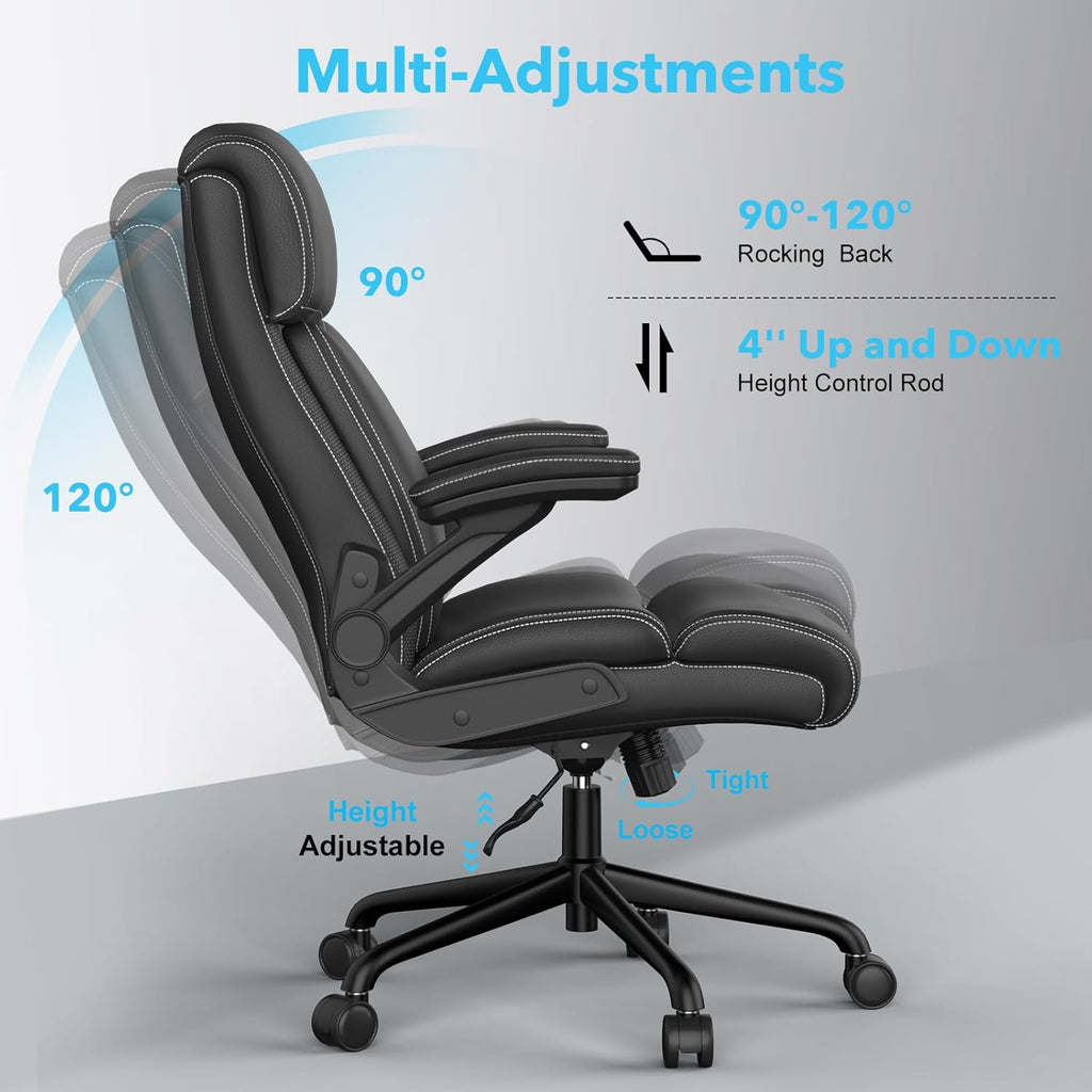 Big and Tall Office Chair -500 lb Heavy Duty Office Chair for Big Man, High Back Leather Executive Office Desk Chair with 120° Tilt Rock,Executive Computer Desk Chair with Flip Up Arm (Black)