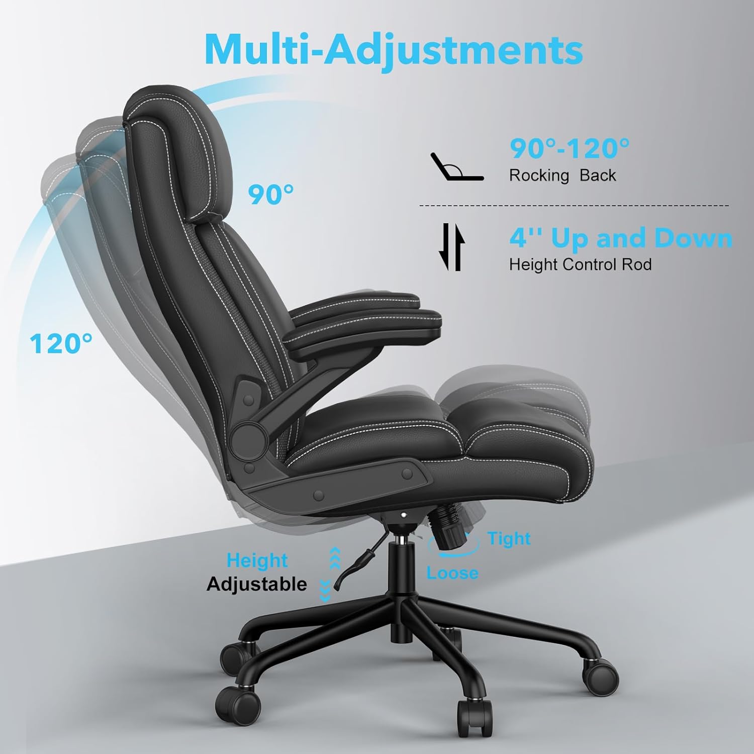 Big and Tall Office Chair -500 lb Heavy Duty Office Chair for Big Man, High Back Leather Executive Office Desk Chair with 120° Tilt Rock,Executive Computer Desk Chair with Flip Up Arm (Black)