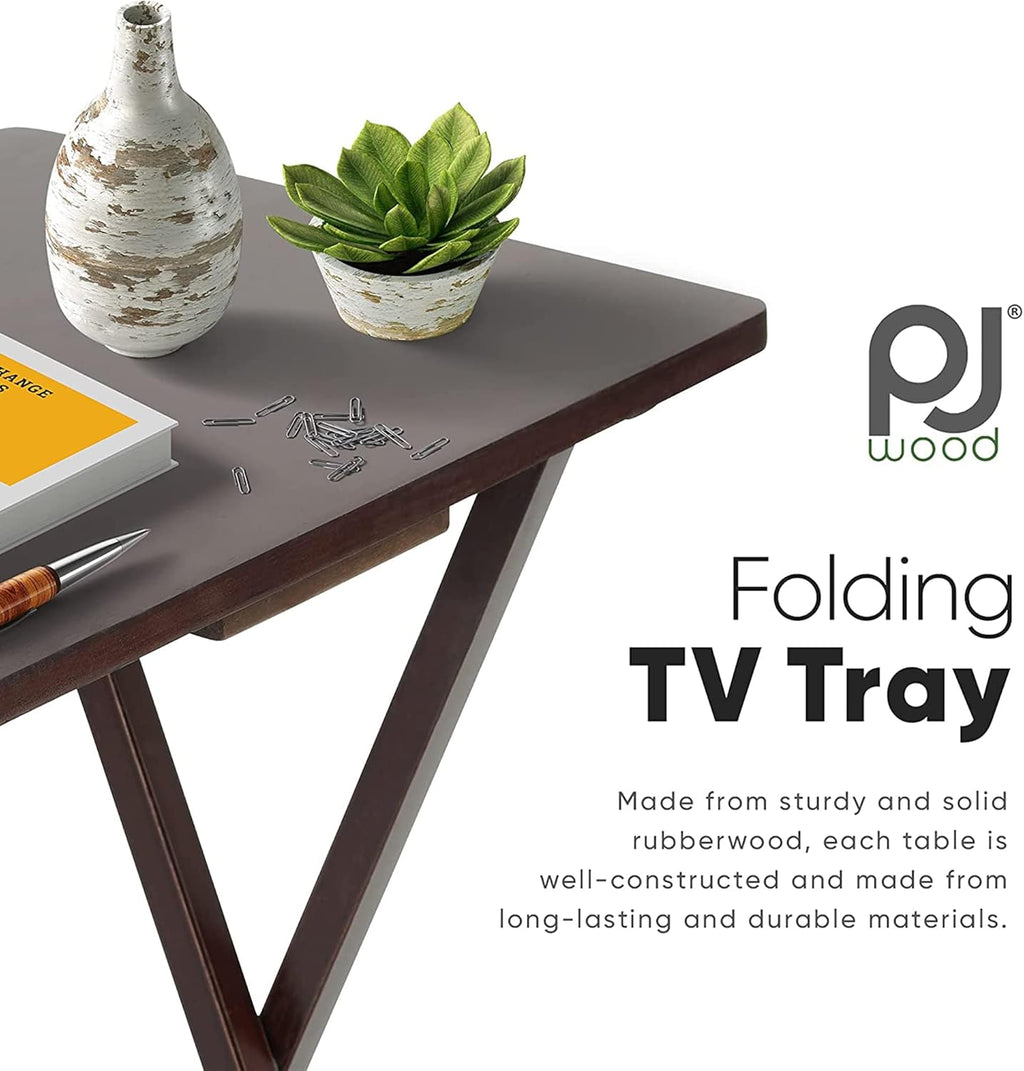 PJ Wood 5-Piece TV Tray Folding Wooden Dinner Table Set with Compact Storage Rack, Espresso - Portable and Adjustable Home Furniture for Living Room, Bedroom, and Kitchen