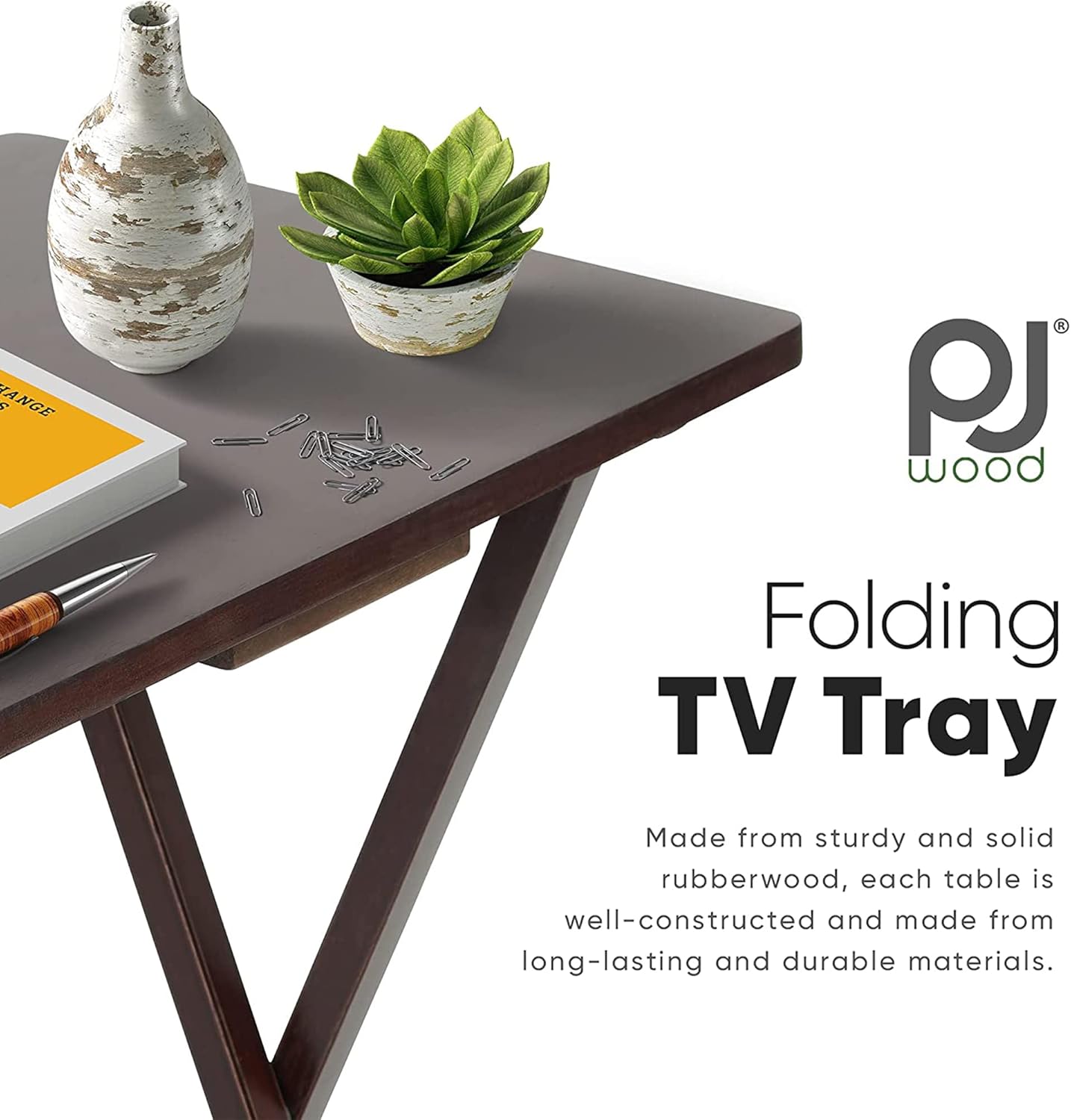 PJ Wood 5-Piece TV Tray Folding Wooden Dinner Table Set with Compact Storage Rack, Espresso - Portable and Adjustable Home Furniture for Living Room, Bedroom, and Kitchen