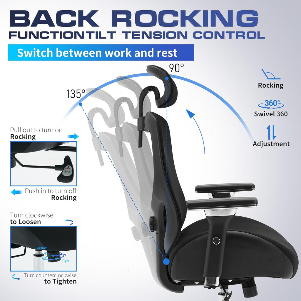 700lbs Big and Tall Office Chair for Heavy People Ergonomic Mesh Desk Chair with Wide Thick Seat Cushion, Adjustable Lumbar Support, 4D Armrests and Headrest for Aitting All Day