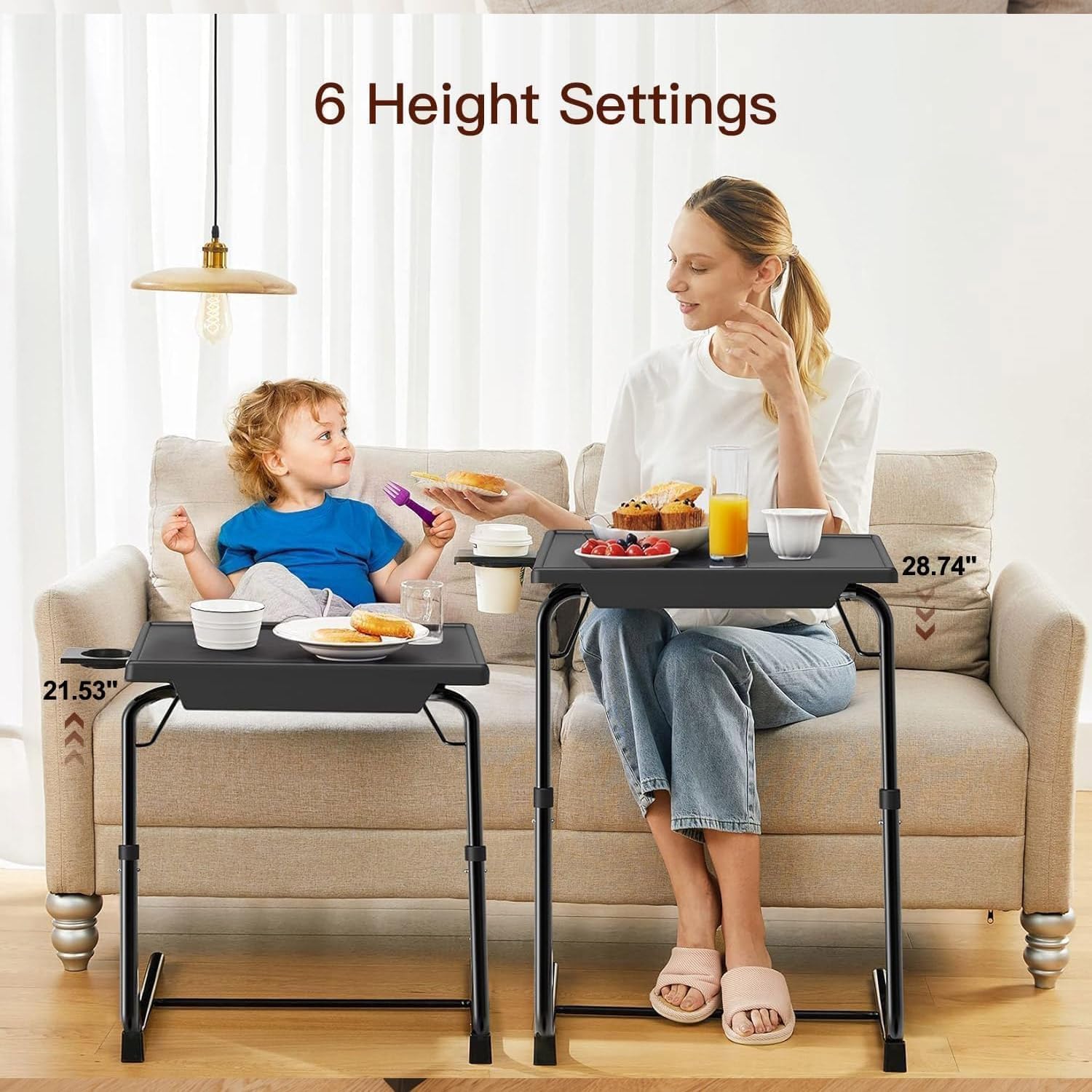 Adjustable TV Tray Table - TV Dinner Tray on Bed & Sofa, Comfortable Folding Table with 6 Height & 3 Tilt Angle Adjustments (Black)