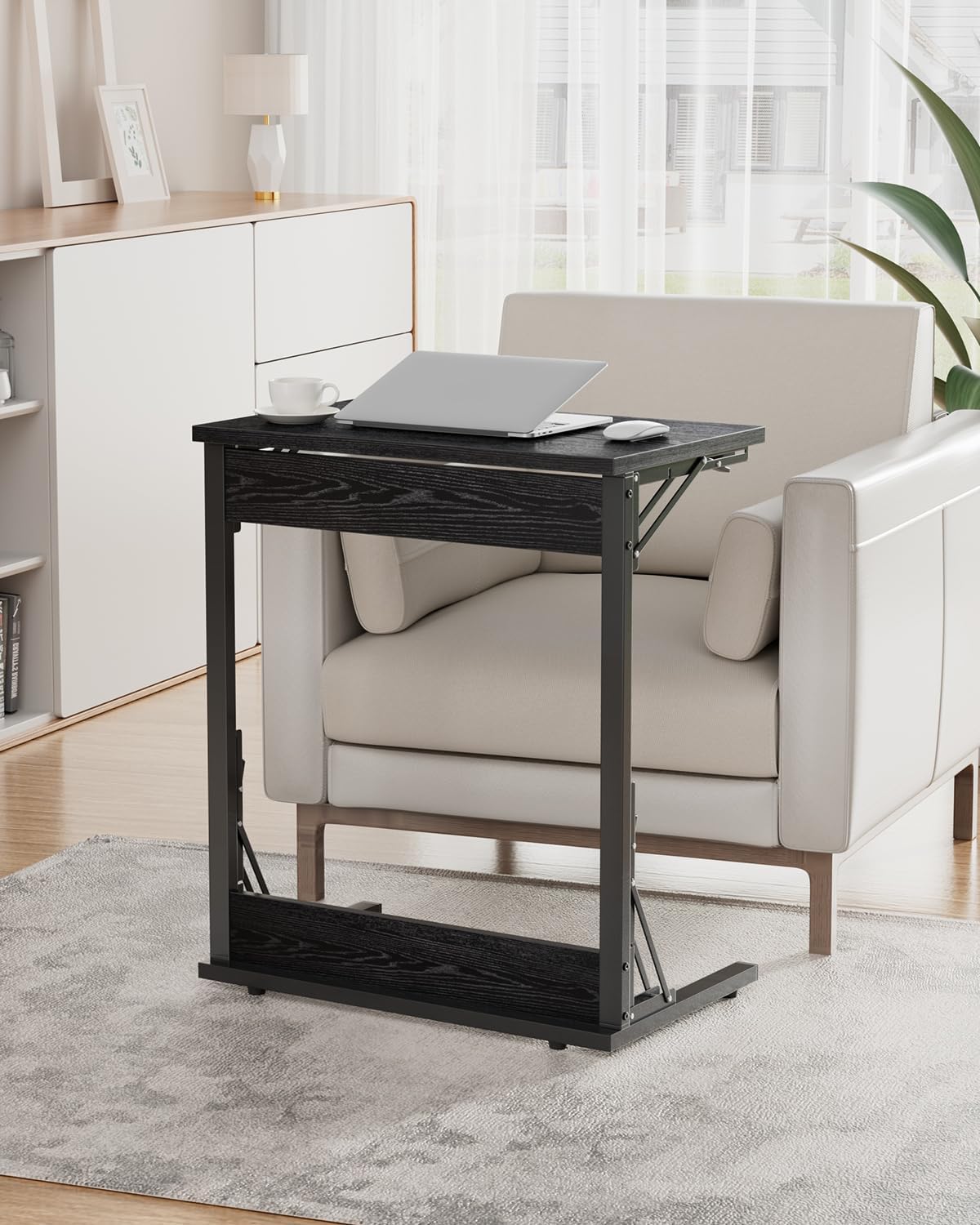 Tatub Folding TV Tray Table Set of 2, 24" Wide C-Shaped End Table for Couches, Small Couch Side C Table, Slide Under Sofa Tray Arm Table for Living Room, Bedroom, Dark Black