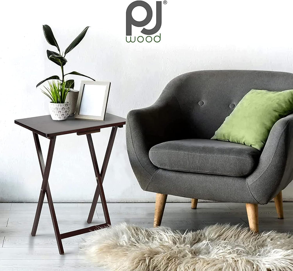 PJ Wood 5-Piece TV Tray Folding Wooden Dinner Table Set with Compact Storage Rack, Espresso - Portable and Adjustable Home Furniture for Living Room, Bedroom, and Kitchen