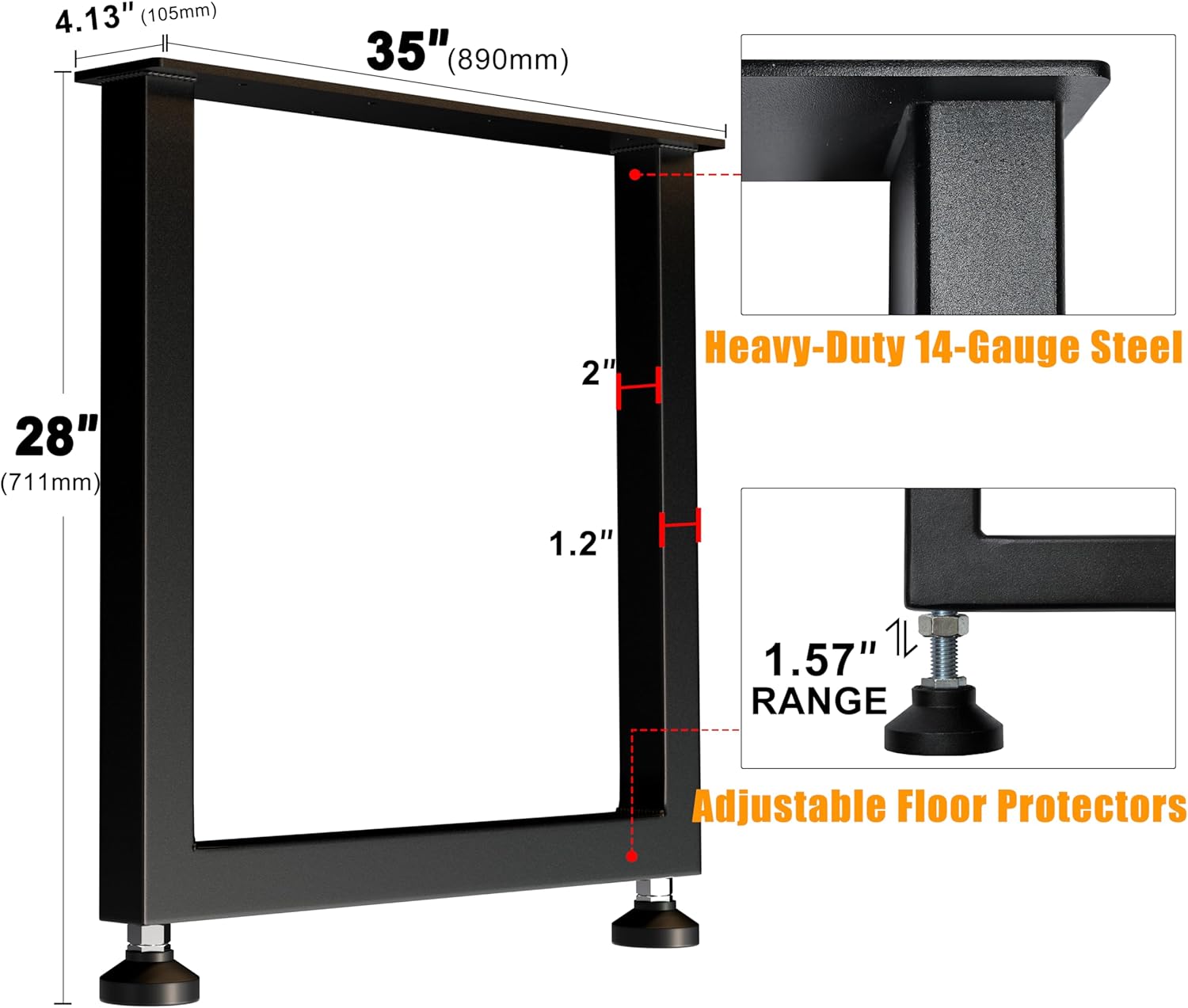 Heavy Duty Metal Table Legs 28x35 Inch, Extra Wide Steel Base for Live Edge Slab, Epoxy River, Large Dining or Conference Table, Industrial Square Frame, Supports 1000lbs, Set of 2, Black