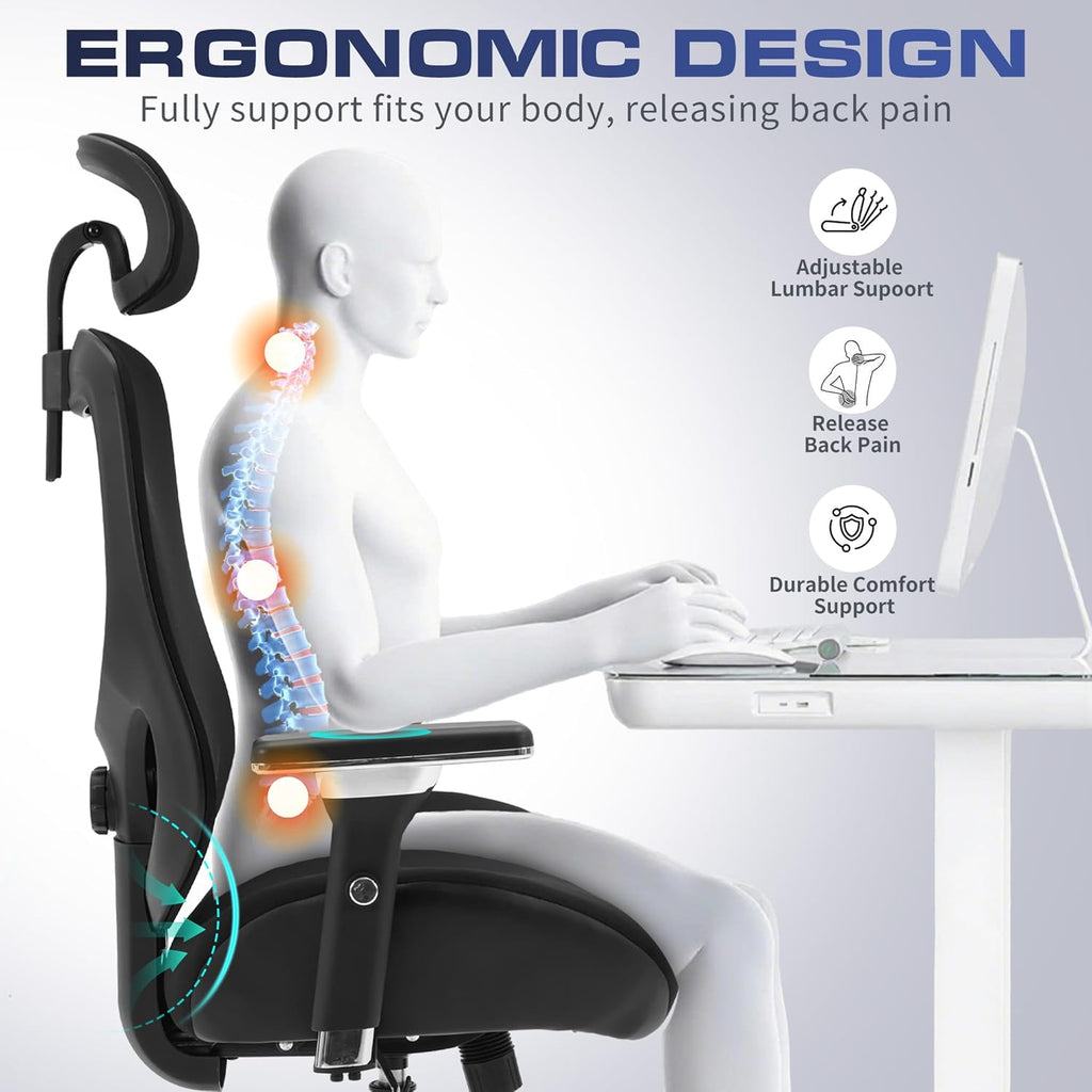 700lbs Big and Tall Office Chair for Heavy People Ergonomic Mesh Desk Chair with Wide Thick Seat Cushion, Adjustable Lumbar Support, 4D Armrests and Headrest for Aitting All Day