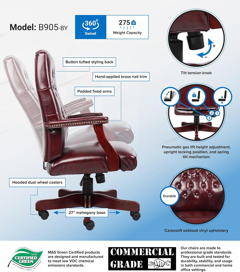 Boss Office Products Classic Executive Caressoft Chair with Mahogany Finish in Burgundy, high-Back (B905-BY)