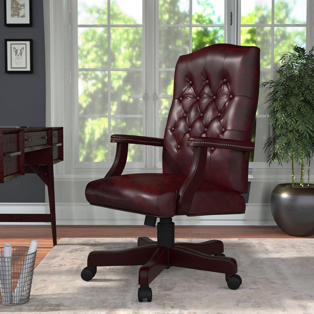 Boss Office Products Classic Executive Caressoft Chair with Mahogany Finish in Burgundy, high-Back (B905-BY)