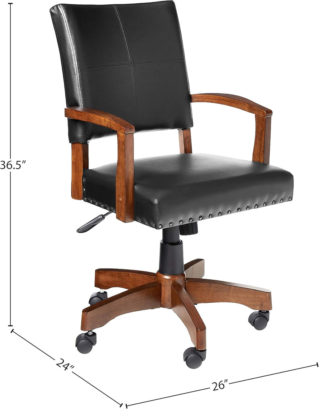 OSP Home Furnishings Deluxe Wood Banker's Chair with Antique Bronze Nailheads and Medium Brown Wood, Black Faux Leather