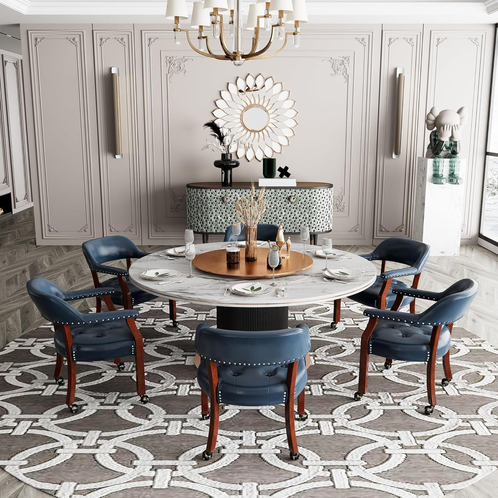 LEEMTORIG Large Dining Chairs with Casters and Arms, Rolling Dining Chairs with Wheels, Solid Wood Boss Caption's Chairs Office Desk Chairs, 26"D x 25.2"W x 31.5"H, Cherry Legs & Blue PU SY-1533-LB