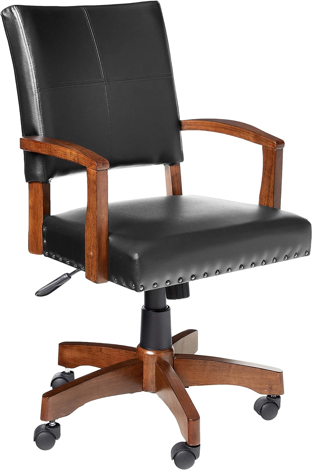 OSP Home Furnishings Deluxe Wood Banker's Chair with Antique Bronze Nailheads and Medium Brown Wood, Black Faux Leather