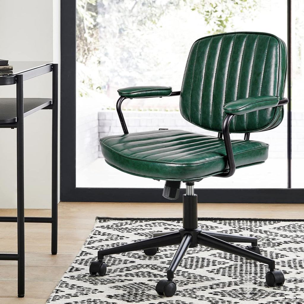 Artswish Mid Century Office Desk Chair - Green Leather Home Office Chair with Wheels and Arms