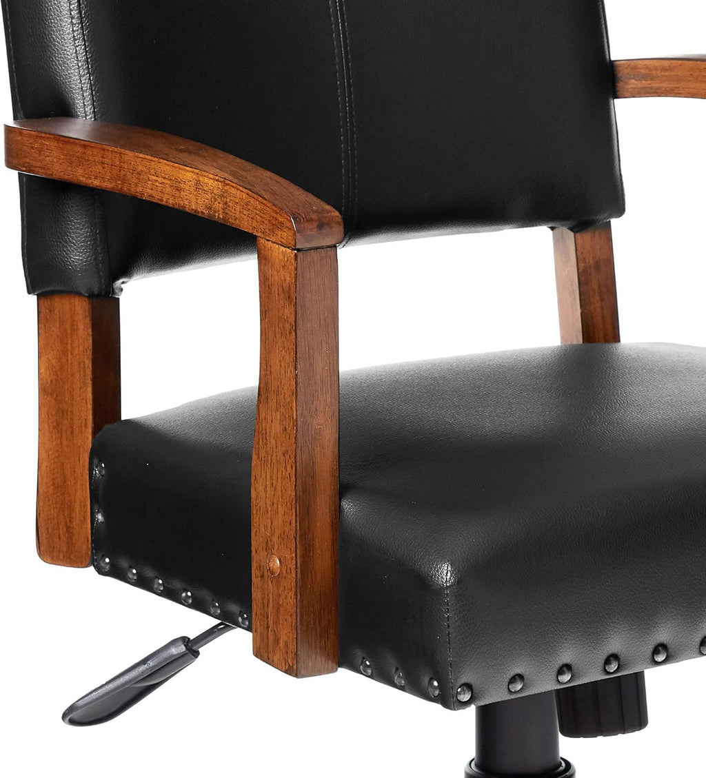 OSP Home Furnishings Deluxe Wood Banker's Chair with Antique Bronze Nailheads and Medium Brown Wood, Black Faux Leather
