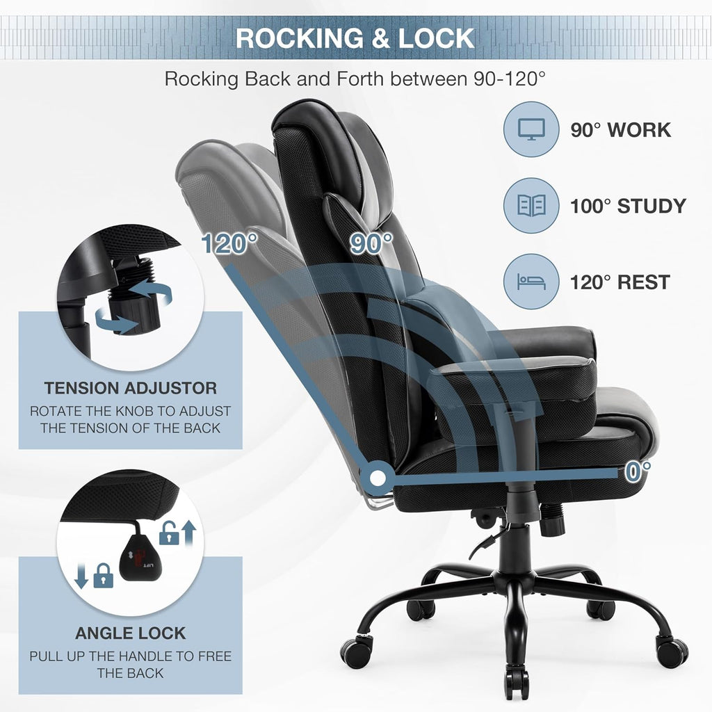 BOSMILLER Big and Tall Office Chair, 500lbs Rocking Massage High Back Desk Chair, Ergonomic Executive Office Chair with Adjustable Padded Armrest and Lumbar Support, Adjustable Height(Dark Black)