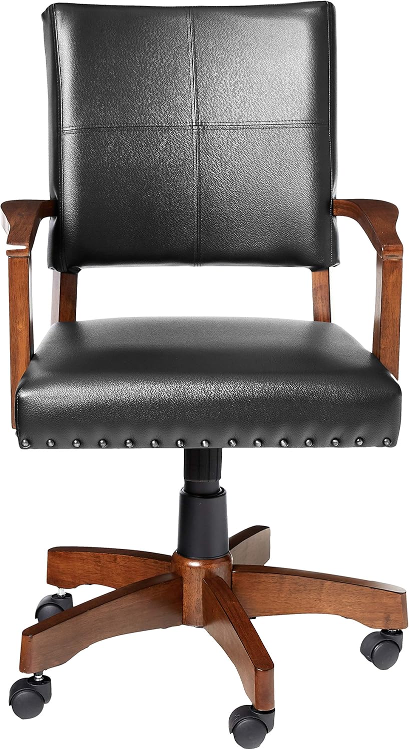 OSP Home Furnishings Deluxe Wood Banker's Chair with Antique Bronze Nailheads and Medium Brown Wood, Black Faux Leather