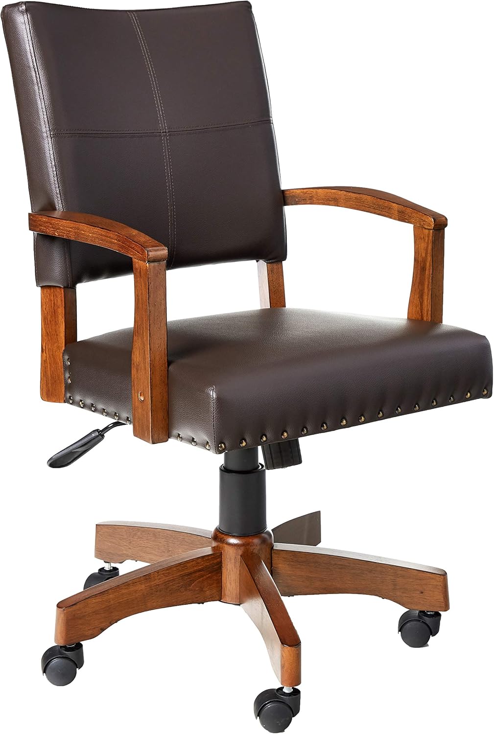 OSP Home Furnishings Deluxe Wood Banker's Chair with Antique Bronze Nailheads and Medium Brown Wood, Black Faux Leather
