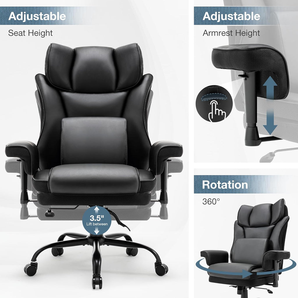 BOSMILLER Big and Tall Office Chair, 500lbs Rocking Massage High Back Desk Chair, Ergonomic Executive Office Chair with Adjustable Padded Armrest and Lumbar Support, Adjustable Height(Dark Black)